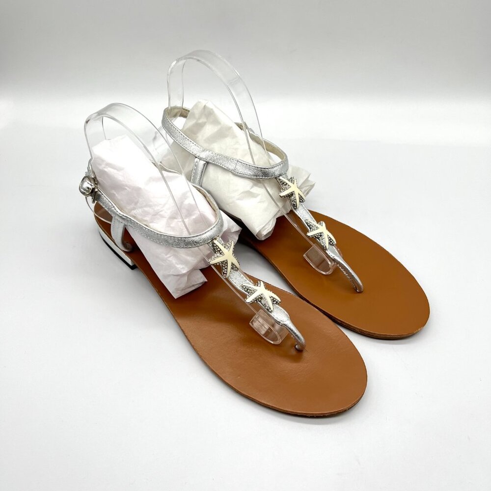 Diana Kelly Size 10.5‎ Jeweled Enamel Starfish Silver Leather Flat Sandals Shoes